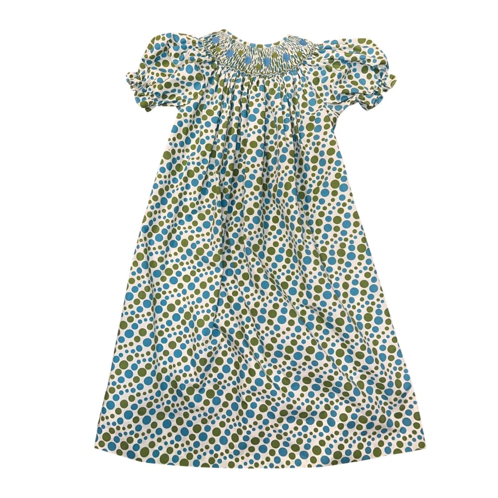 Amanda Remembered Girls Size 5 Smocked Polka Dot Bishop Dress Green Blue White